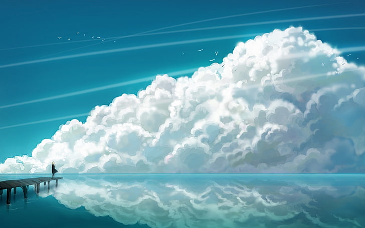 fantasy art, sea, clouds, anime, sky, pier, anime girls, cloud - sky, HD wallpaper