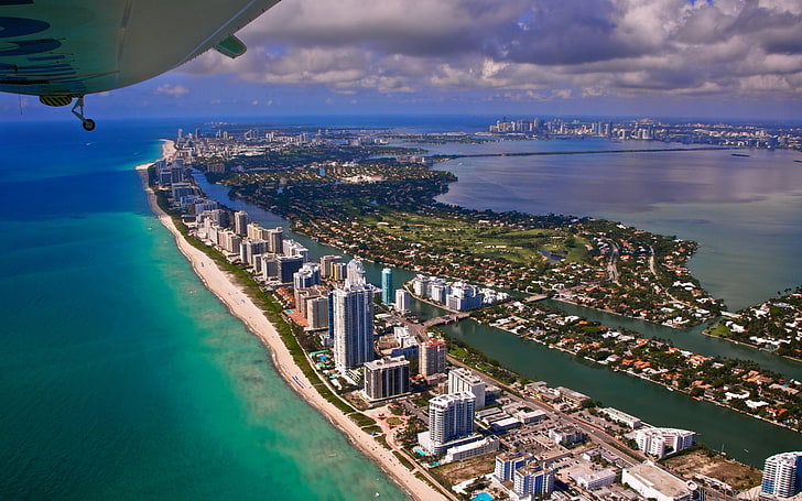 aerial photography of city surrounded with water, miami, flight, HD wallpaper