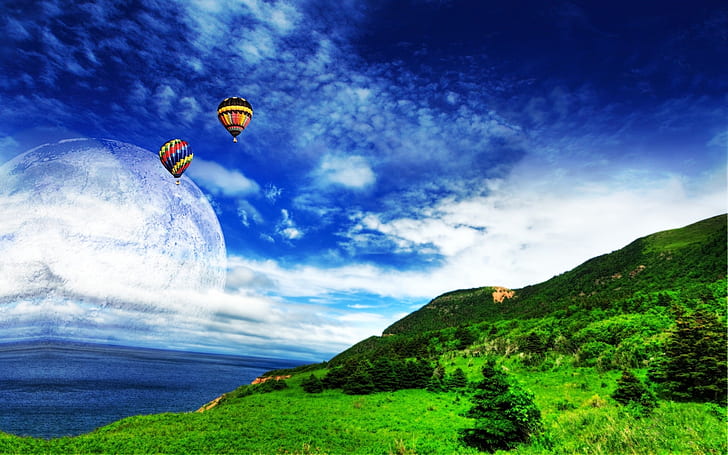 Ballons on The Sky, green grassfield, blue, sea, land, scenery, HD wallpaper