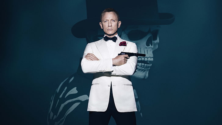 men's white suit jacket, Action, Red, Gun, Daniel Craig, 007
