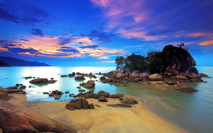 Coast, sea, island, trees, stones, sky, clouds, sunset, HD wallpaper