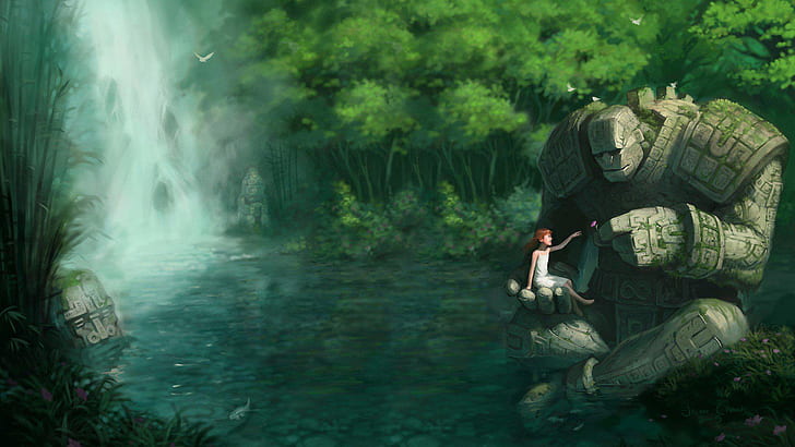illustration, children, giant, landscape, forest, lagoon, waterfall, HD wallpaper