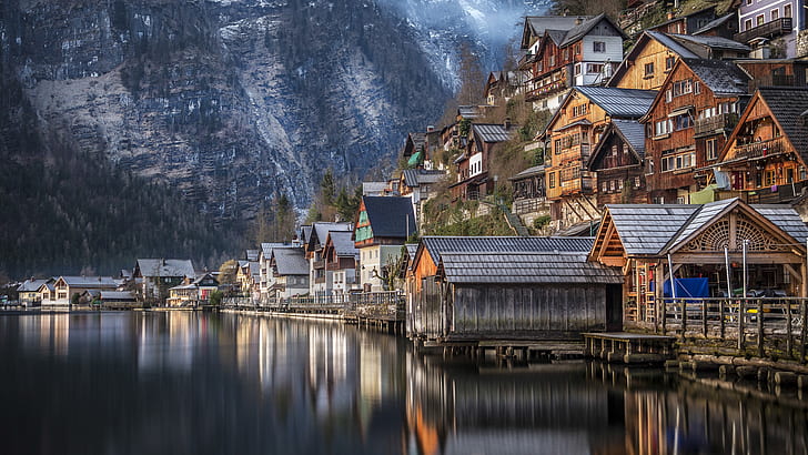 house, lake, mountain pass, snow, water, village, mountains, HD wallpaper