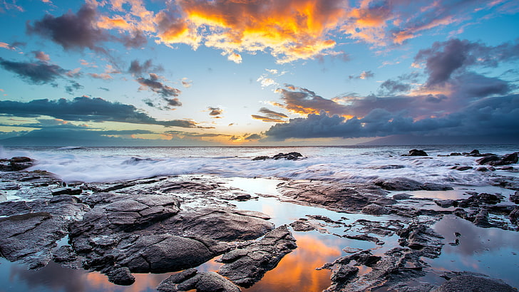 brown rocks under blue and orange sky, water, sea, sunset, coast, HD wallpaper