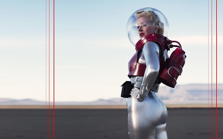 gray leather suit, women, blonde, spacesuit, cosplay, representation, HD wallpaper