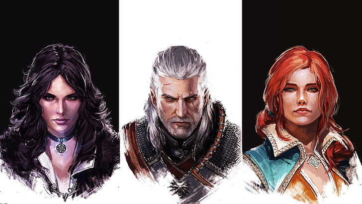 The Witcher III digital wallpaper, four assorted game character illustrations