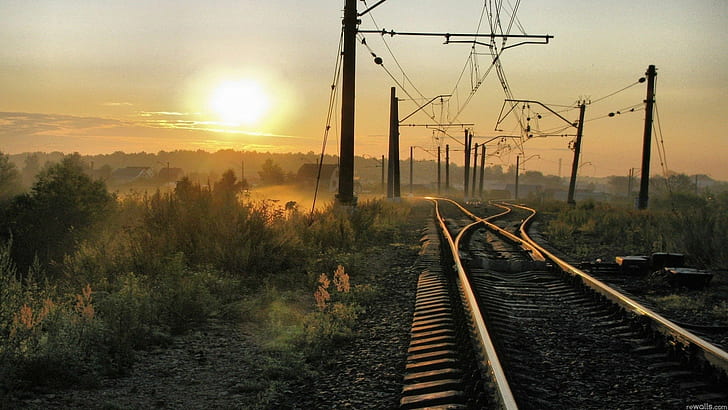landscape, railway, sunlight, HD wallpaper