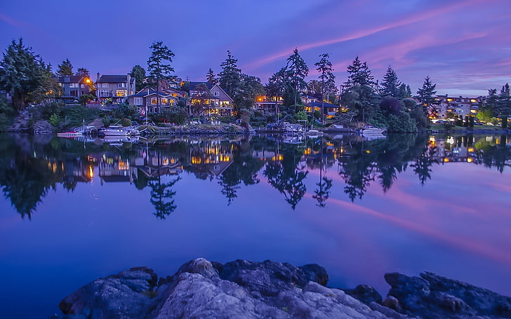 trees, reflection, river, Marina, home, Canada, British Columbia, HD wallpaper