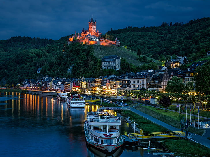 river, castle, Marina, home, Germany, night city, Cochem, Moselle River