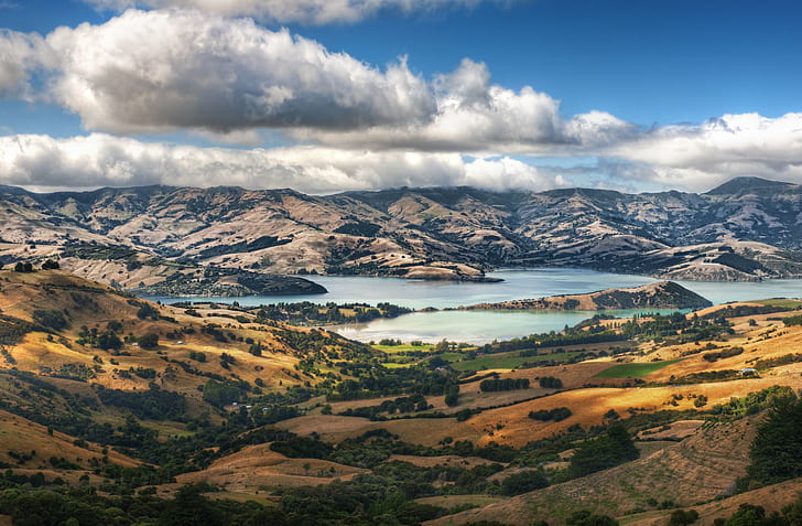 landscape of mountain and lake at daytime, akaroa, akaroa, New Zealand, HD wallpaper