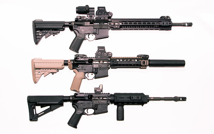 three black and brown assault rifles, weapons, AR-15, gun, white background