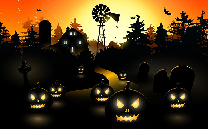black and white Halloween wallpaper, trees, vector, pumpkin, bat, HD wallpaper
