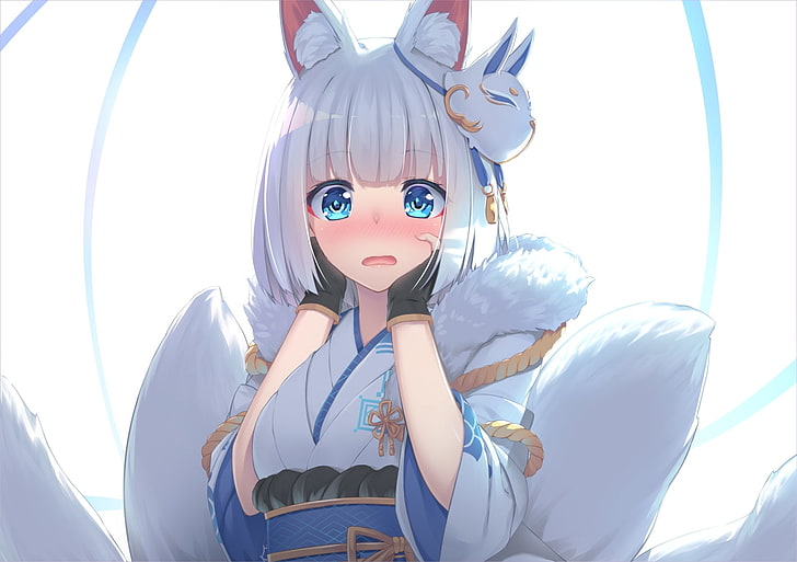HD wallpaper: anime fox girl, shy expression, animal ear, white hair, blue  eyes | Wallpaper Flare