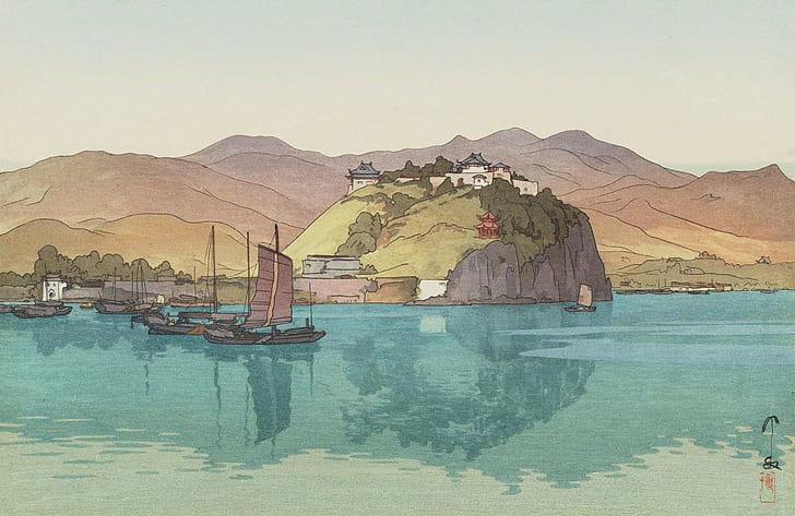 Yoshida Hiroshi, painting, boat, Japanese, mountains, water, HD wallpaper