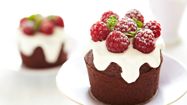 Chocolate cupcakes, raspberry, cakes, dessert, HD wallpaper