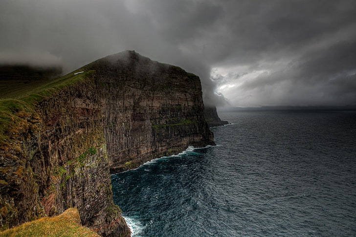black and gray short shorts, Faroe Islands, sea, clouds, coast, HD wallpaper