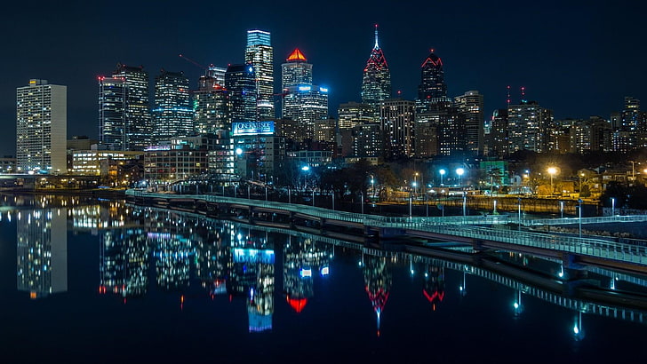 city lights, reflection, reflected, cityscape, philadelphia, HD wallpaper