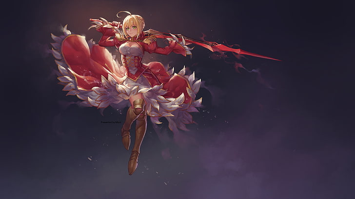 woman in red dress with red sword illustration, anime, anime girls, HD wallpaper