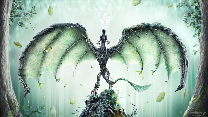 green winged animal wallpaper, green wing vine dragon digital wallpaper