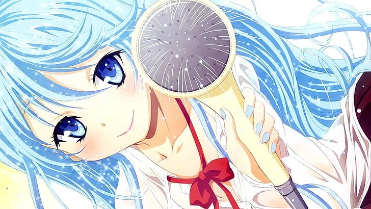 anime, anime girls, long hair, blue hair, blue eyes, smiling, HD wallpaper
