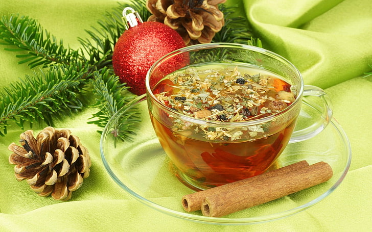 clear glass teacup, cinnamon, cone, branch, fir, ball, christmas