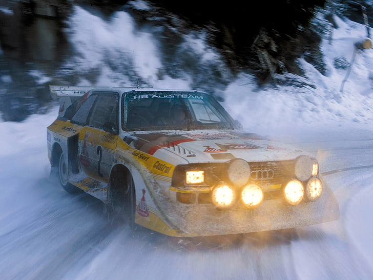 1985, audi, group b, quattro, race, racing, rally, s 1, snow, HD wallpaper