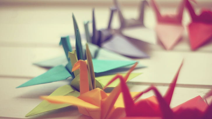 origami, paper cranes, photography, colorful, HD wallpaper