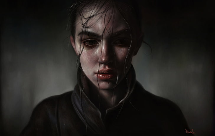realistic, Painting (detail), women, dark, portrait, face, artwork