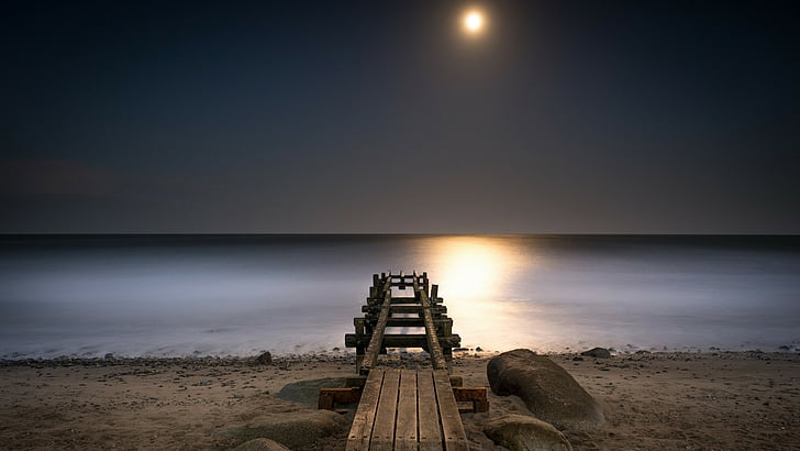 full moon, calm, pier, shore, sand, baltic sea, sky, horizon, HD wallpaper