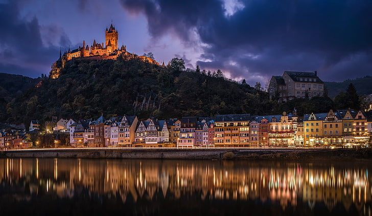night, river, castle, building, home, Germany, hill, Cochem, HD wallpaper