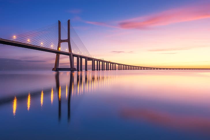 bridge, reflection, river, dawn, morning, Portugal, Lisbon, HD wallpaper
