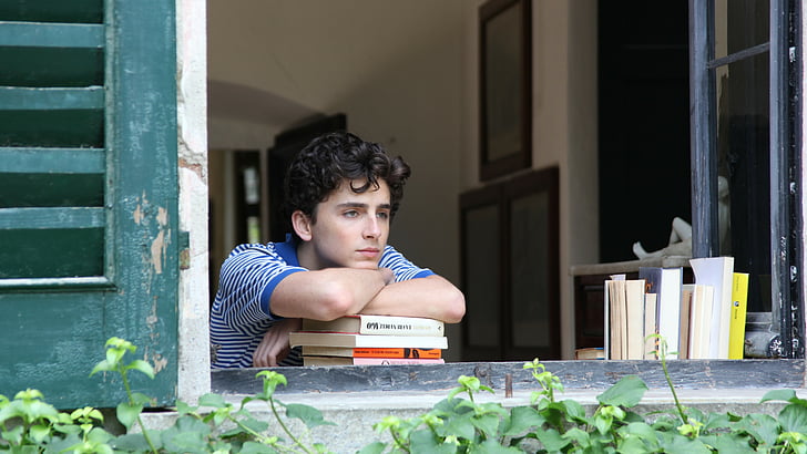 person resting face on stack of books, Call Me by Your Name, Timothee Chalamet
