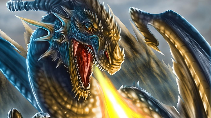 blue and brown abstract painting, fantasy art, dragon, face, head, HD wallpaper