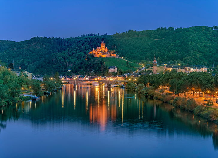 trees, lights, river, castle, Germany, night city, Cochem, Moselle River, HD wallpaper