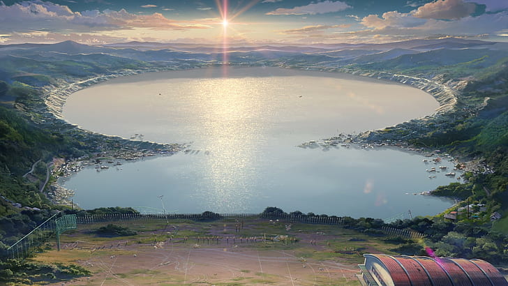 lake, mountains, landscape, Kimi no Na Wa, Your Name, realistic, HD wallpaper