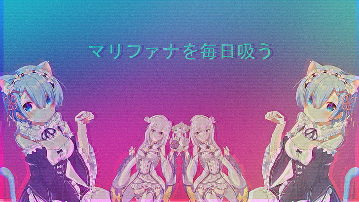 blue-haired female anime character wallpaper, vaporwave, glitch art, HD wallpaper