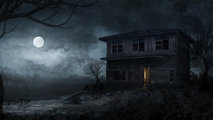 abandoned house, haunted, moonlight, night, trees, horror, scary HD wallpaper
