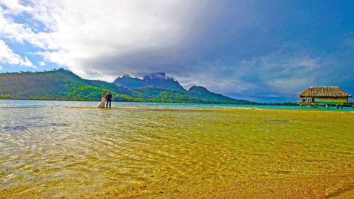 Wedding Couple On Shallow Lagoon Bora Bora French Polynesia Desktop Background 598082