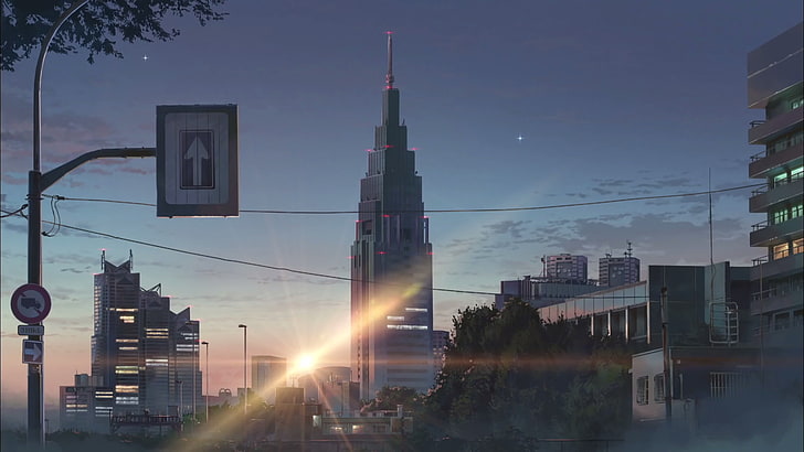 anime, city, sunset, building, Makoto Shinkai, flares, signs, HD wallpaper