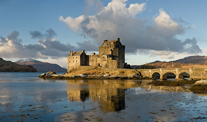 Scotland, castle, UK, Eilean Donan, clouds, lake, bridge, reflection