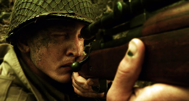 brown and black rifle, weapons, soldiers, sniper, aiming, saving private Ryan, HD wallpaper