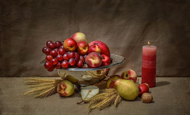 fruits painting, apples, candle, walnut, grapes, still life, pear, HD wallpaper