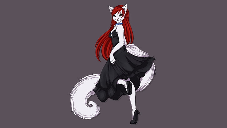cat woman with red hair digital wallpaper, furry, Anthro, dress