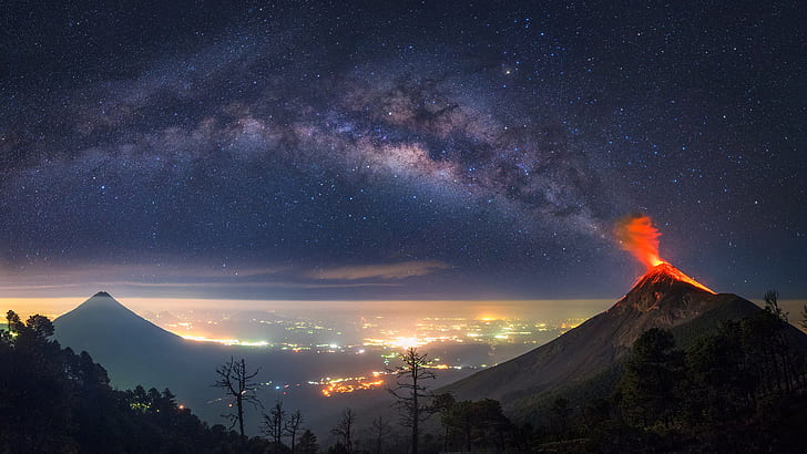 landscape, eruption, forest, nature, lights, Milky Way, mountains, HD wallpaper
