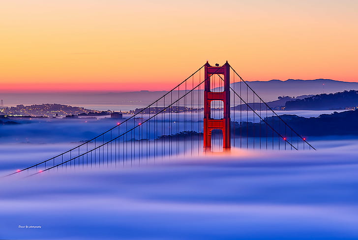 Golden Gate Bridge over the fogs, Dawn, colors, SFist, golden  gate  bridge, HD wallpaper