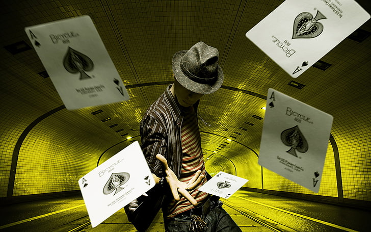 four ace of spade playing cards, Men, Hat, Ace of Spades, Illusionist, HD wallpaper