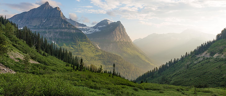 green mountains, glaciers, national park, Montana, USA, wood