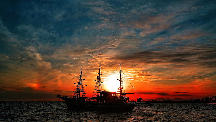 black ship, sky, Sun, sunlight, clouds, sea, vehicle, nautical vessel