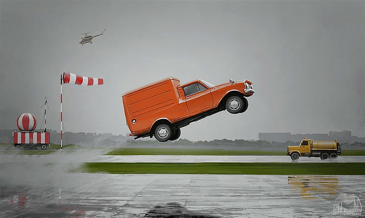 Alexey Andreev, artwork, concept art, surreal, car, orange cars, HD wallpaper