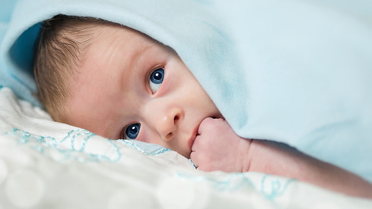 blue textile, baby, blue eyes, blankets, children, lying down